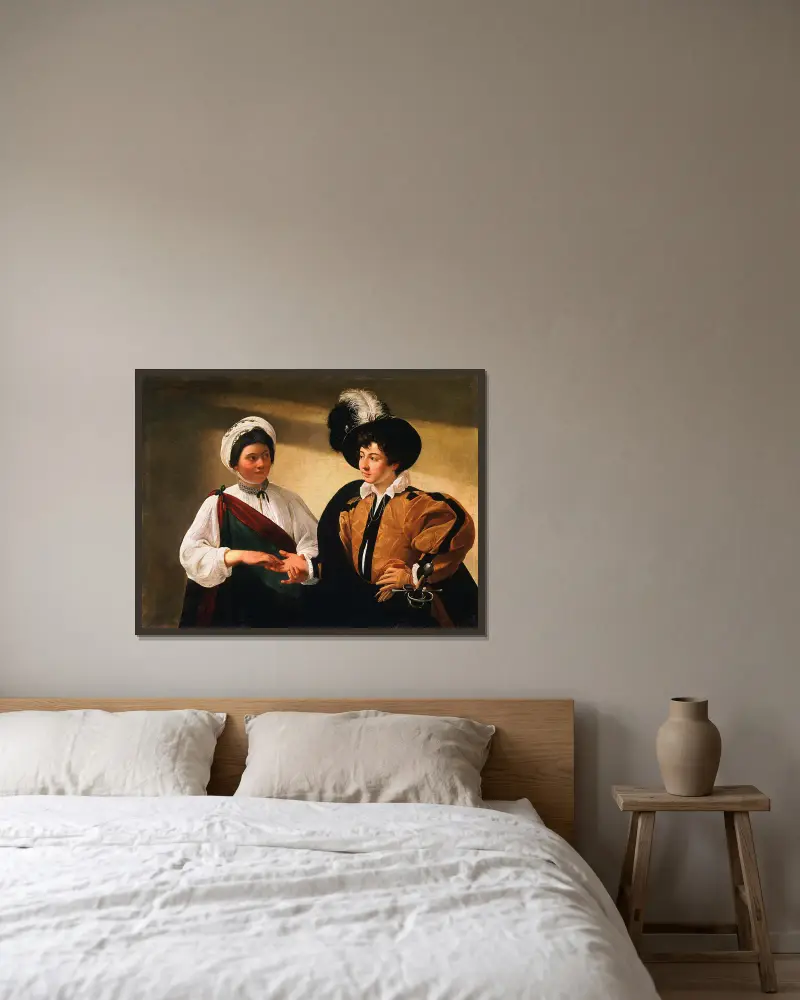 The Fortune Teller av Caravaggio inramad på en vägg