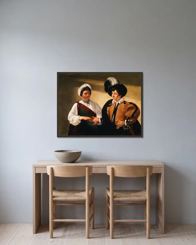 The Fortune Teller av Caravaggio inramad på en vägg