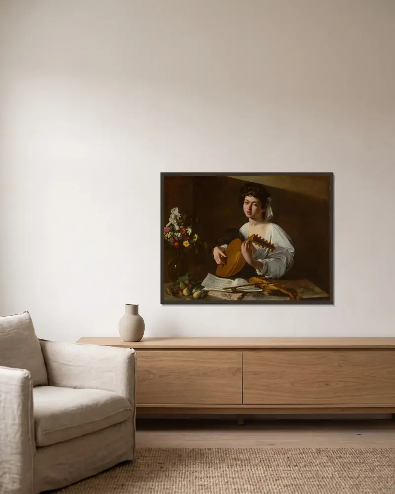 The Lute Player av Caravaggio inramad på en vägg