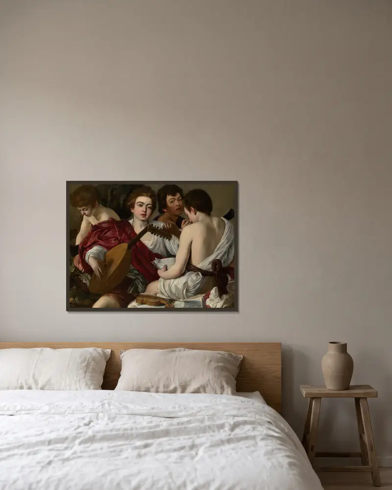 Die Musiker von Caravaggio gerahmt an einer Wand