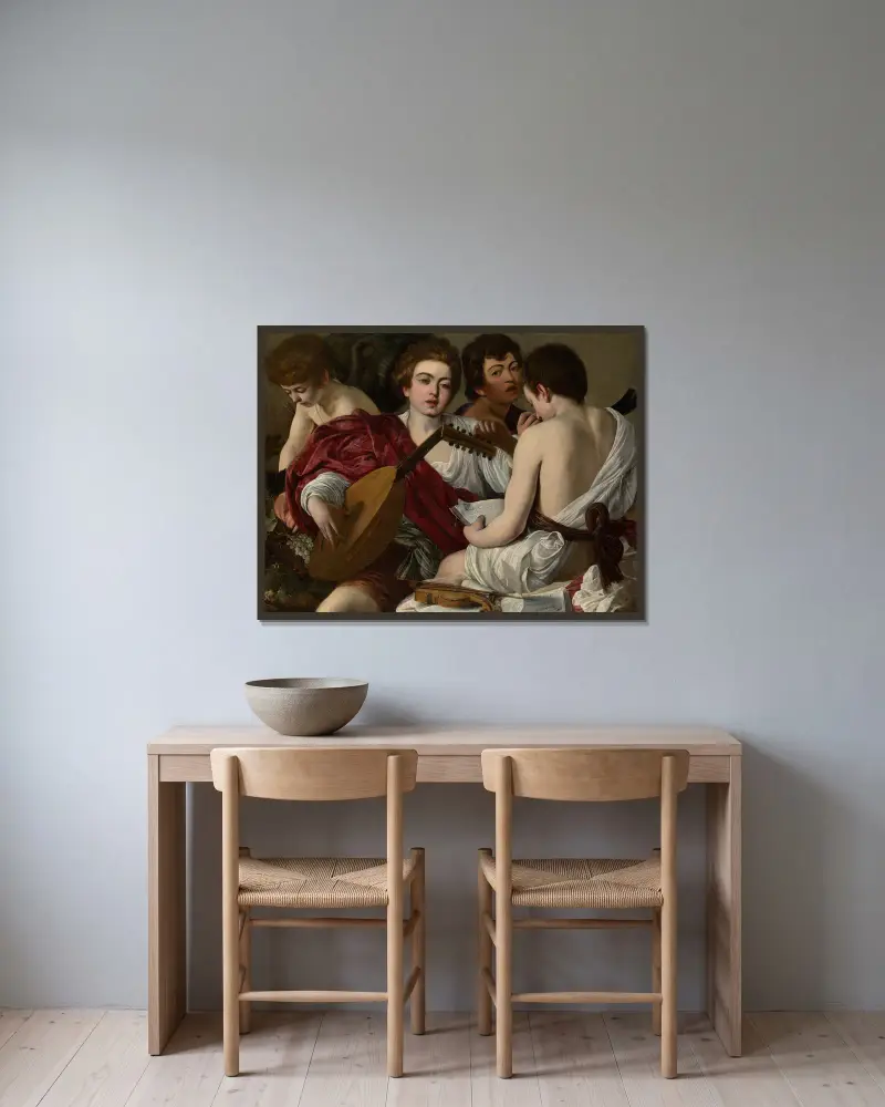 Die Musiker von Caravaggio gerahmt an einer Wand