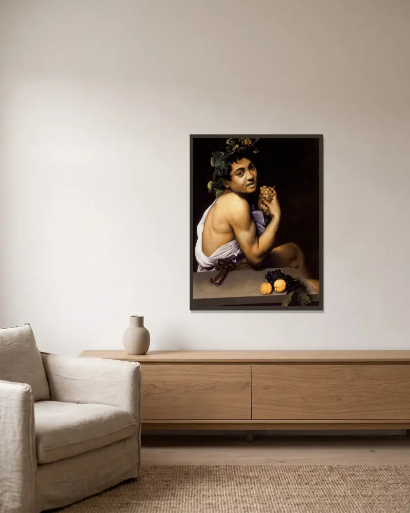 Young Sick Bacchus av Caravaggio inramad på en vägg