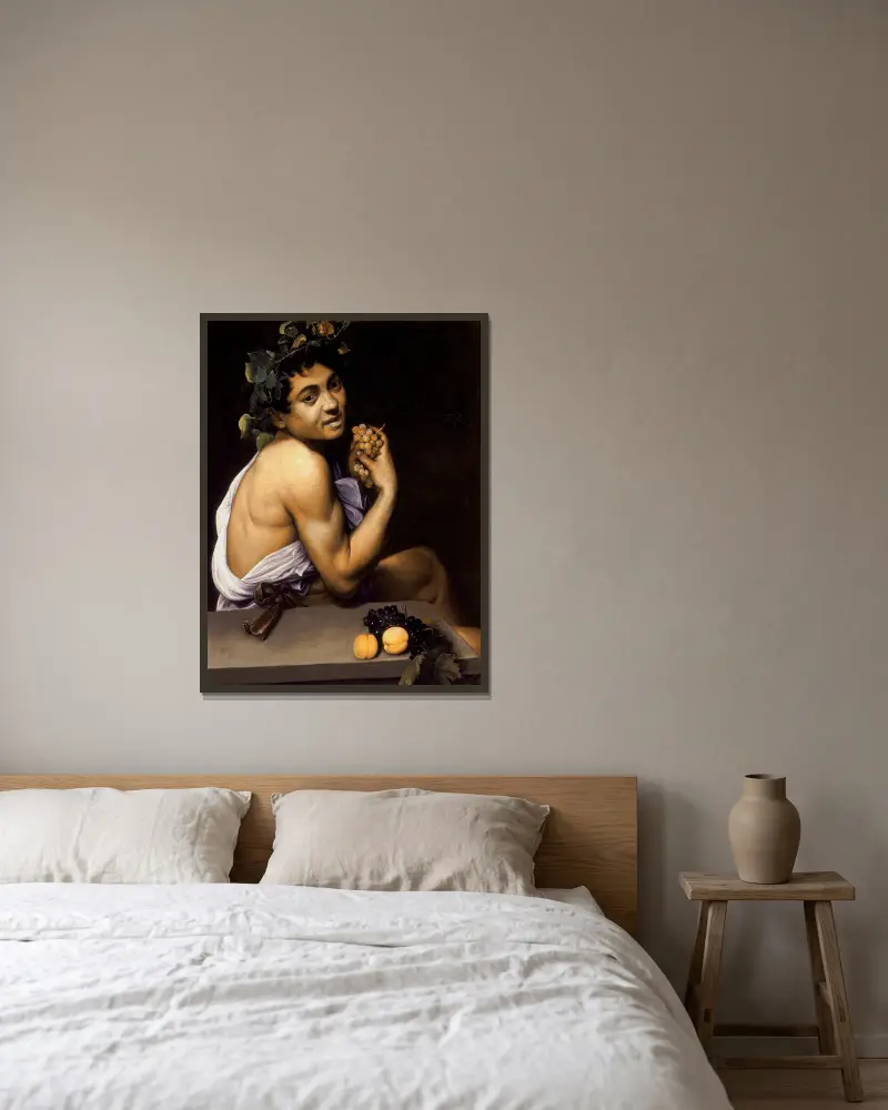 Young Sick Bacchus av Caravaggio inramad på en vägg