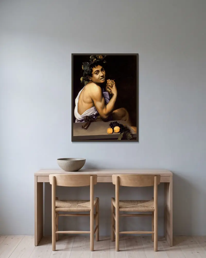 Young Sick Bacchus av Caravaggio inramad på en vägg