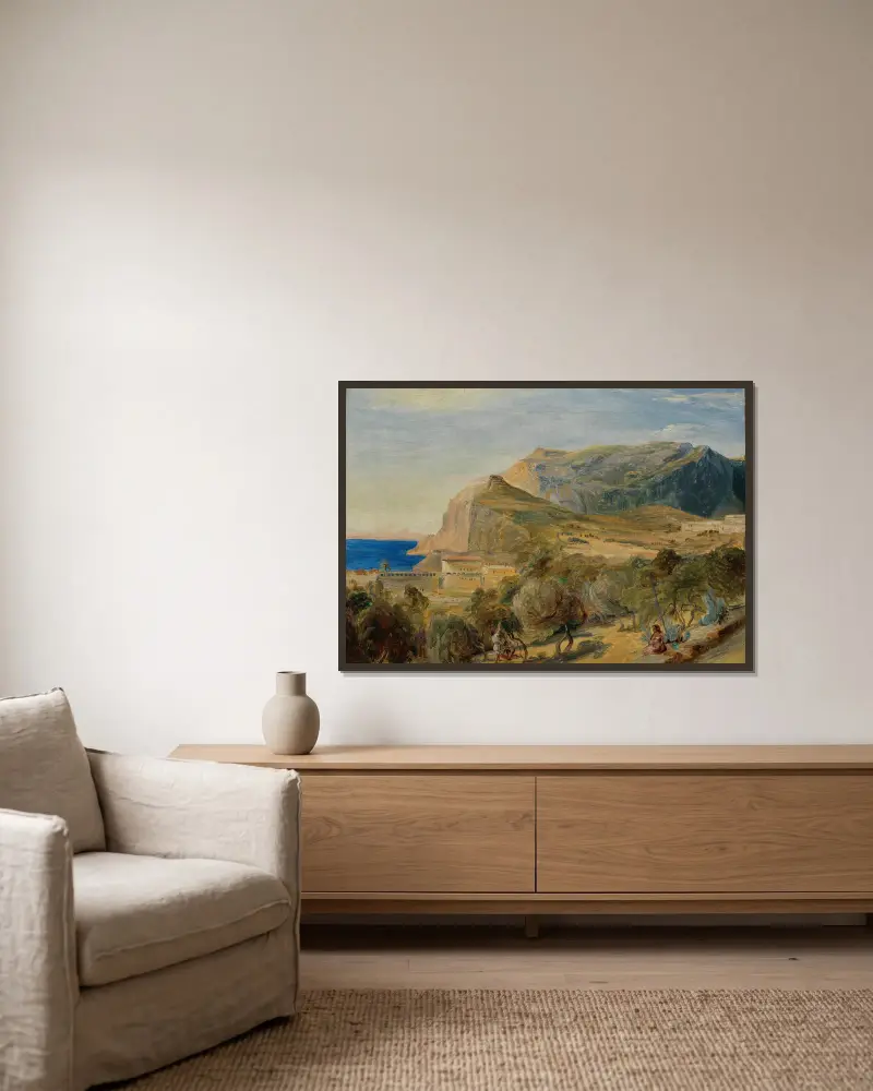 Blick auf den Monte Castiglione in Capri av Carl Blechen inramad på en vägg