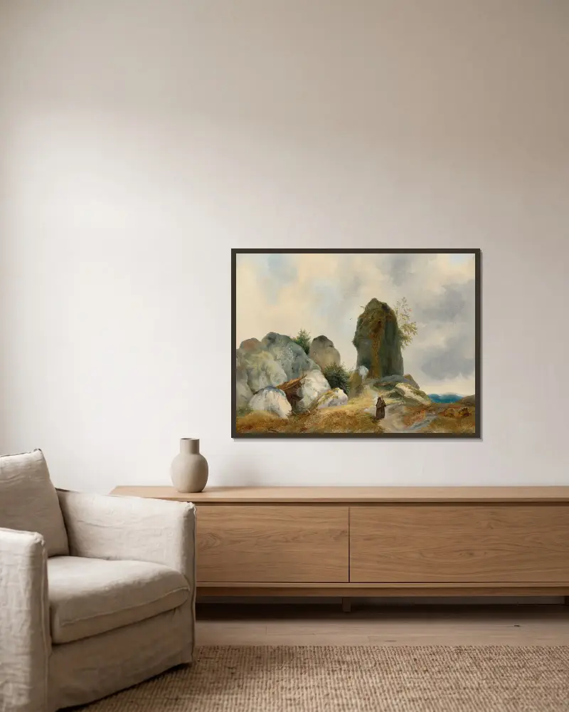 Hermit in a rocky landscape av Carl Blechen inramad på en vägg