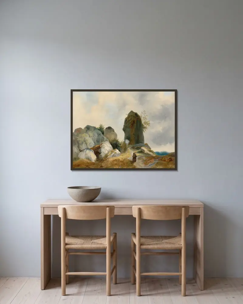 Hermit in a rocky landscape av Carl Blechen inramad på en vägg