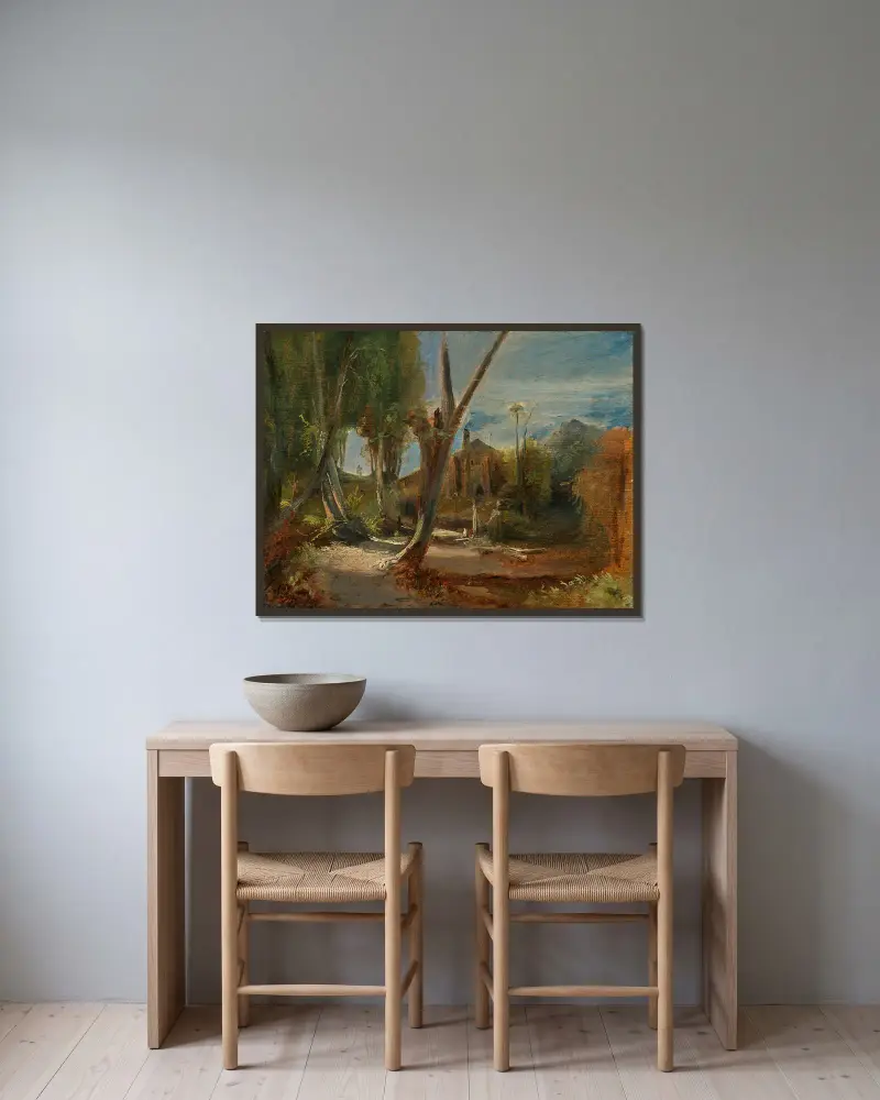 Waldlandschaft mit einer Fabrik av Carl Blechen inramad på en vägg