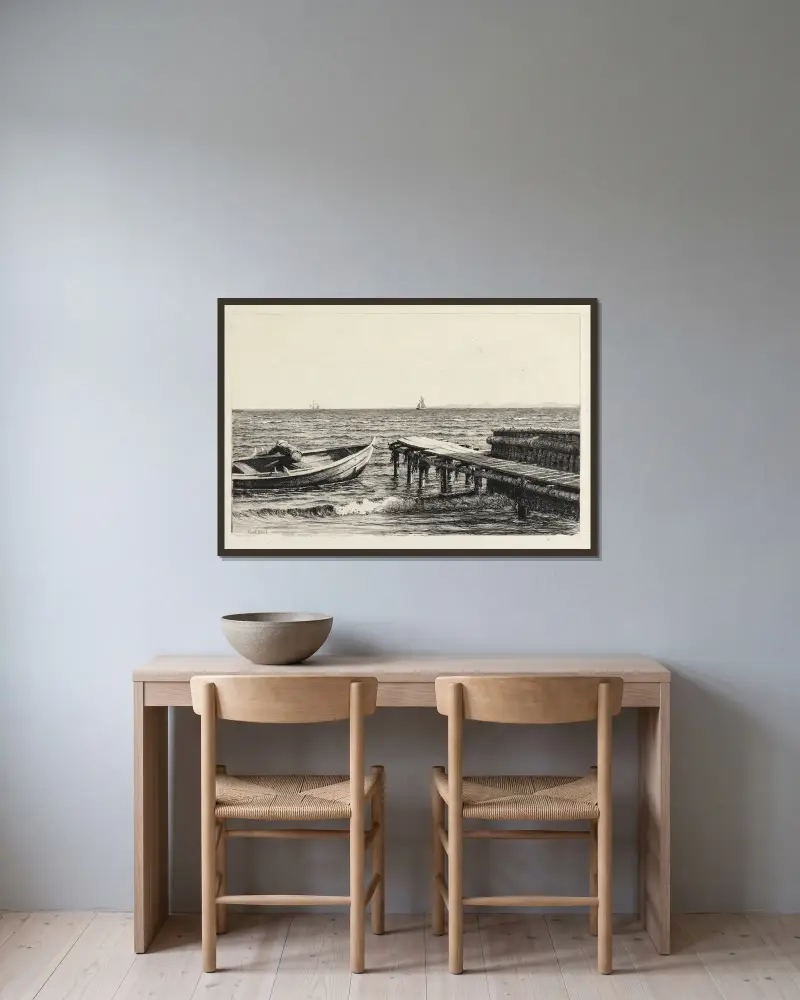 Boot am Steg von Carl Bloch gerahmt an einer Wand