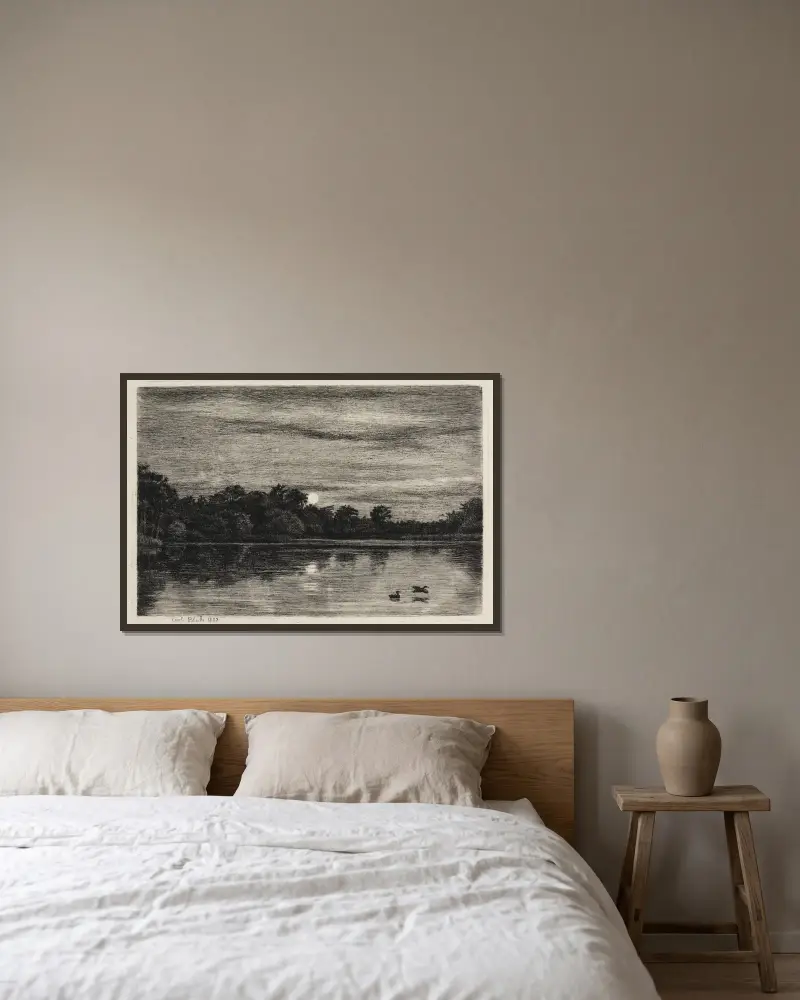 Der Bauernhofteich bei Hellebæk im Mondschein von Carl Bloch gerahmt an einer Wand