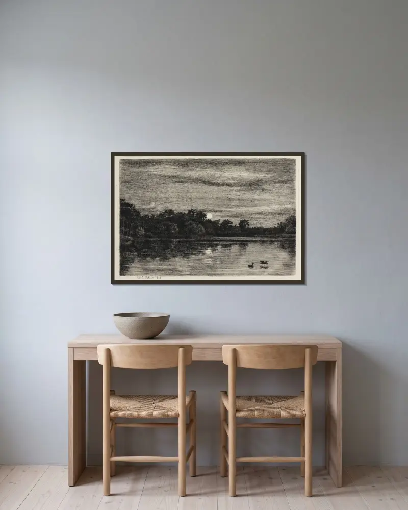 Der Bauernhofteich bei Hellebæk im Mondschein von Carl Bloch gerahmt an einer Wand