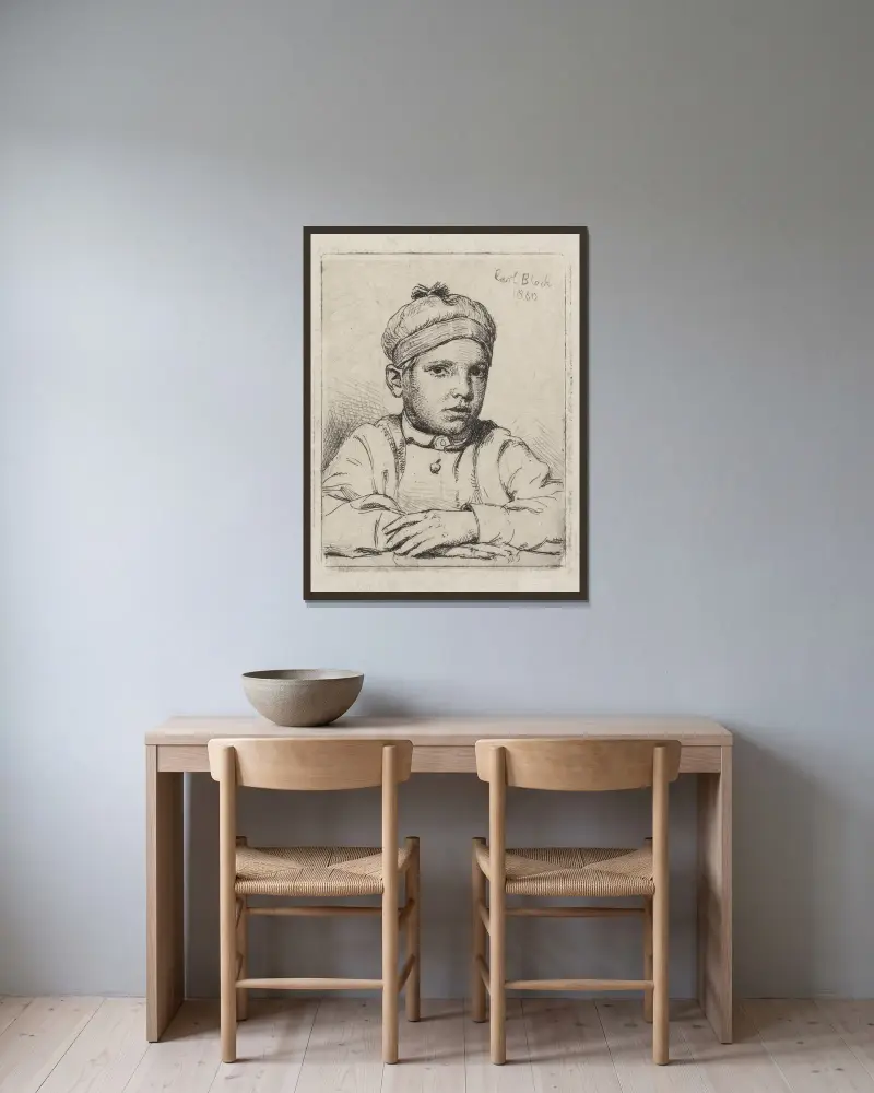 Pojken med mössa på huvudet. Barnporträtt av Emanuel Trepka Bloch av Carl Bloch inramad på en vägg