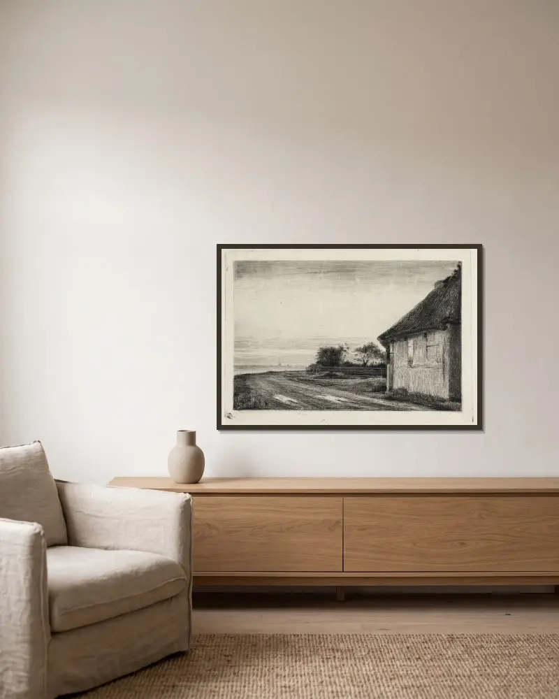 Hus och trädgård vid havet av Carl Bloch inramad på en vägg