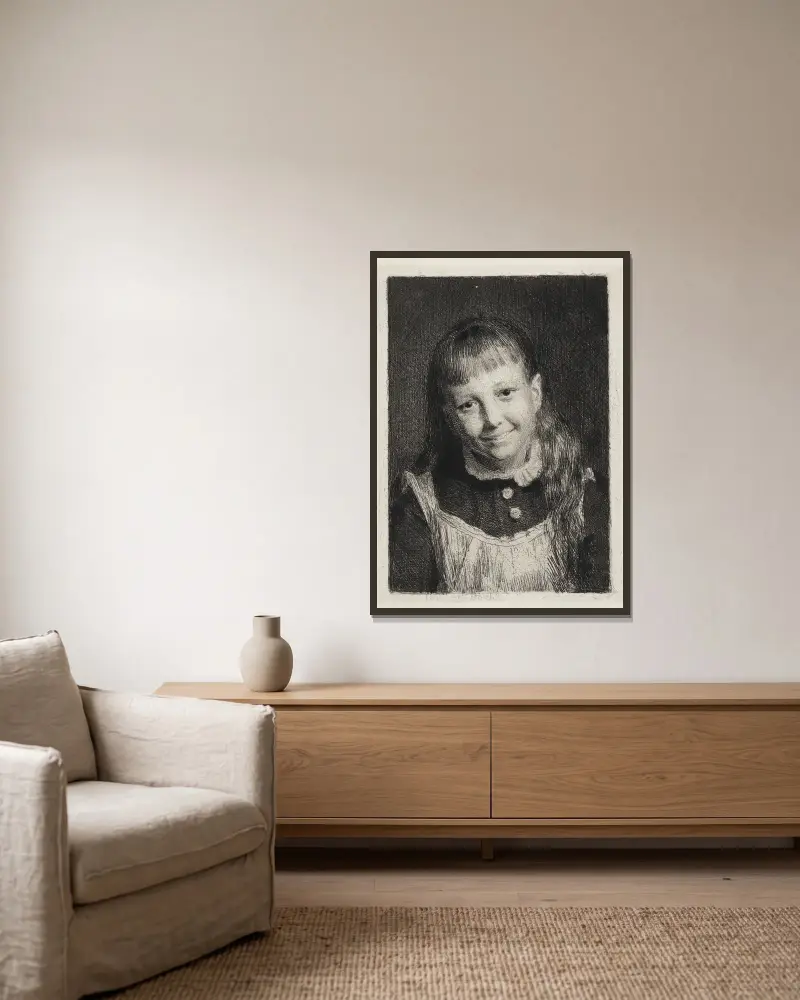 Das lachende Mädchen, Porträt von Ida Alma Bloch von Carl Bloch gerahmt an einer Wand