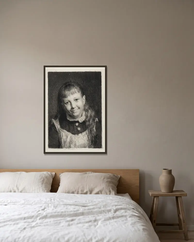 Das lachende Mädchen, Porträt von Ida Alma Bloch von Carl Bloch gerahmt an einer Wand