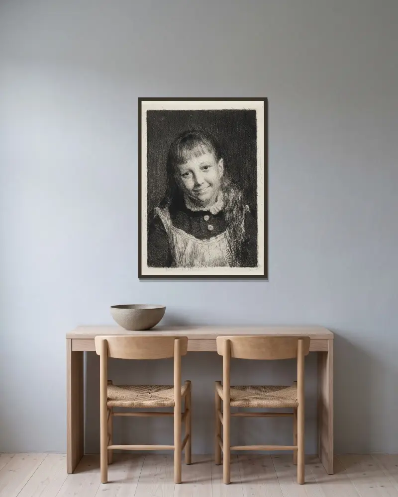 Das lachende Mädchen, Porträt von Ida Alma Bloch von Carl Bloch gerahmt an einer Wand