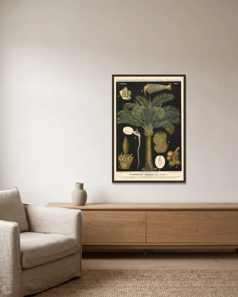 Fjäderbladig sagopalm (Cycas circinalis L.) av Carl Bollmann inramad på en vägg