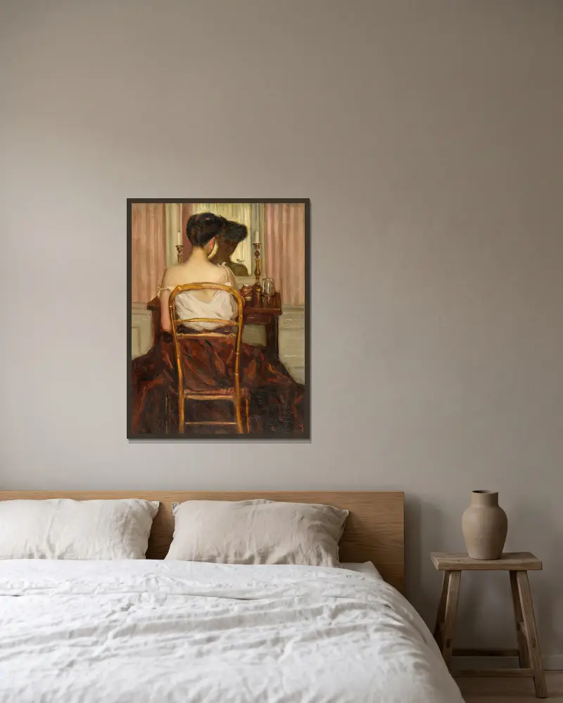 Před zrcadlem, Frederick Carl Frieseke v rámu na stěně