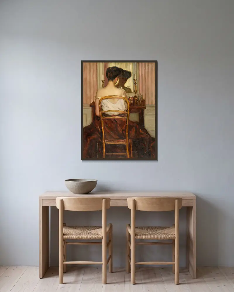 Před zrcadlem, Frederick Carl Frieseke v rámu na stěně