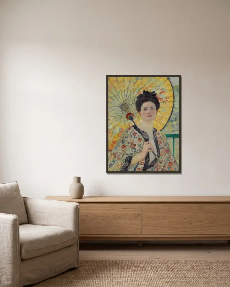 Japanskt parasoll av Frederick Carl Frieseke inramad på en vägg
