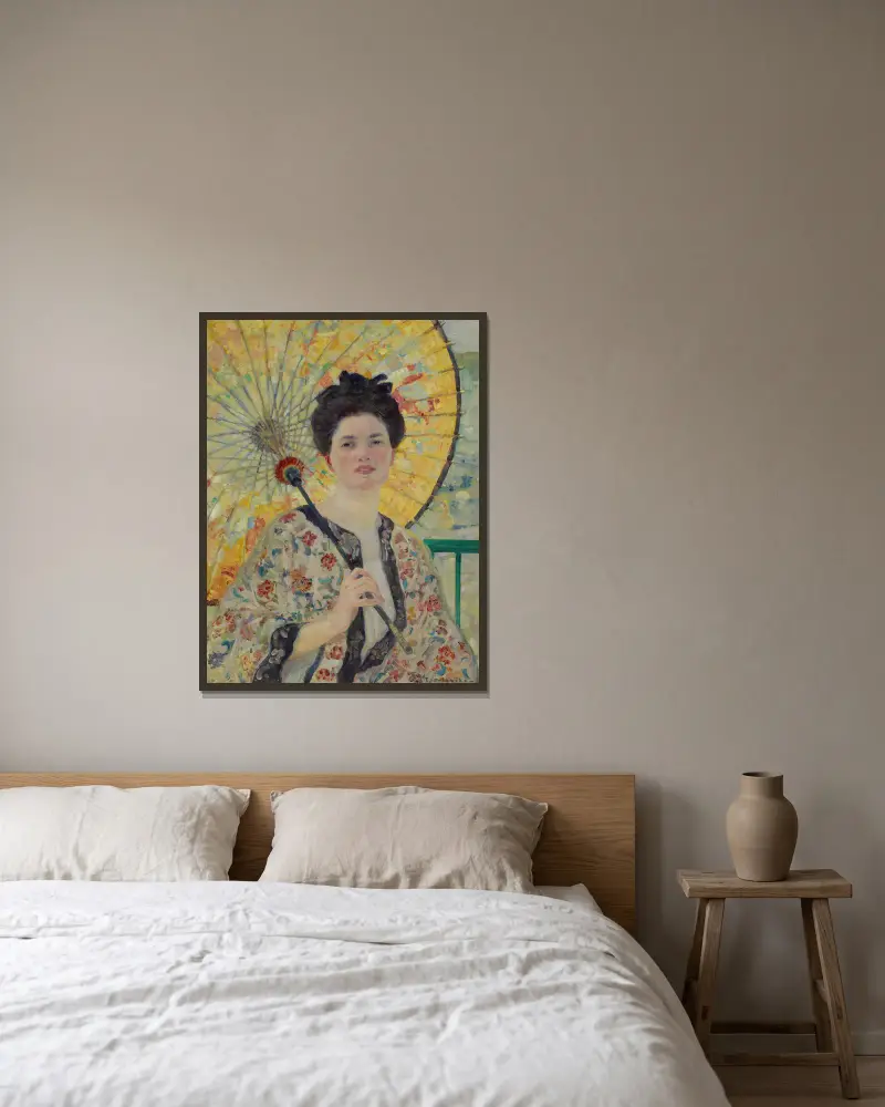 Japanskt parasoll av Frederick Carl Frieseke inramad på en vägg
