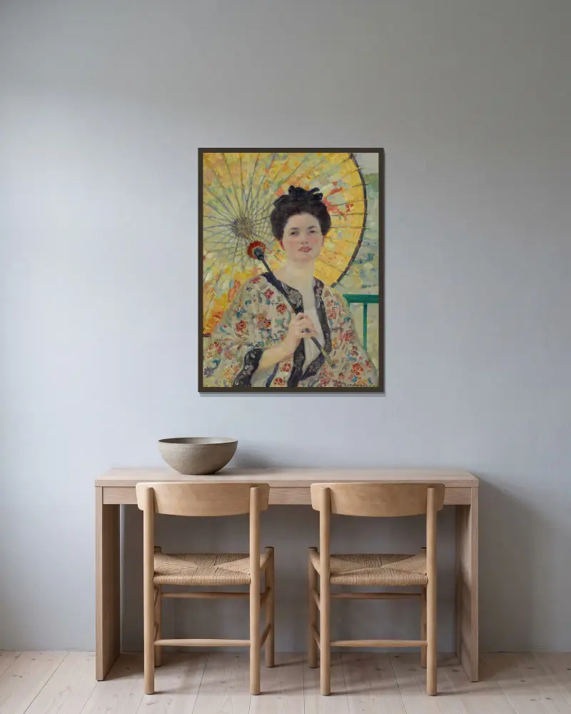 Japanskt parasoll av Frederick Carl Frieseke inramad på en vägg