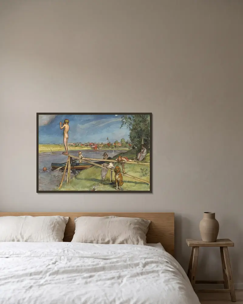 En trevlig badplats av Carl Larsson inramad på en vägg