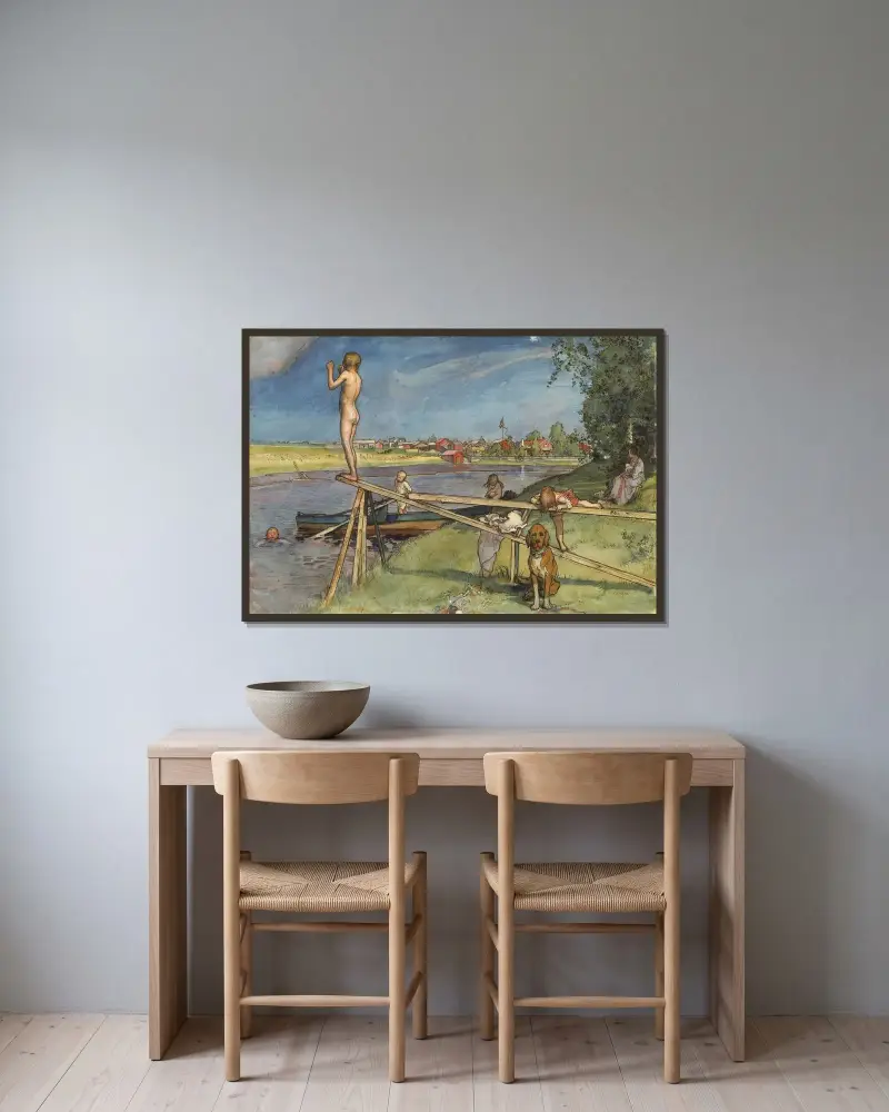 En trevlig badplats av Carl Larsson inramad på en vägg