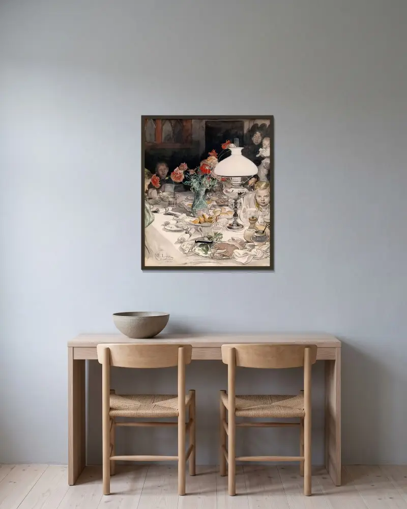 Kring aftonlampan av Carl Larsson inramad på en vägg