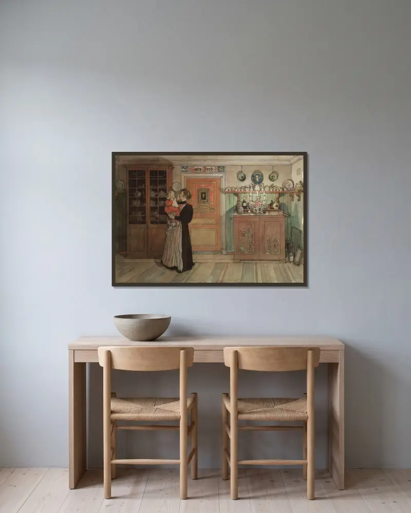 Zwischen Weihnachten und Neujahr von Carl Larsson gerahmt an einer Wand