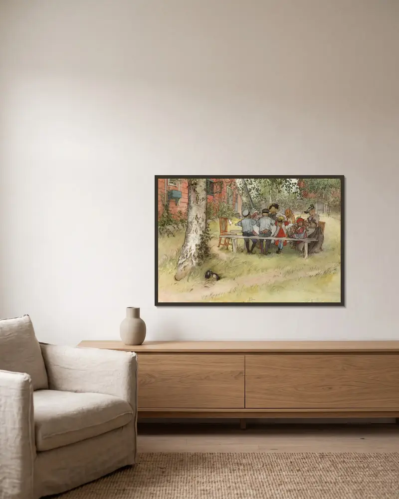 Frukost under stora björken av Carl Larsson inramad på en vägg