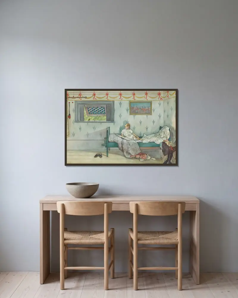 Kuckeliku! Klockan är sju av Carl Larsson inramad på en vägg