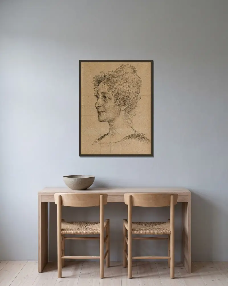 Huvudstudie av fru Signe Thiel av Carl Larsson inramad på en vägg