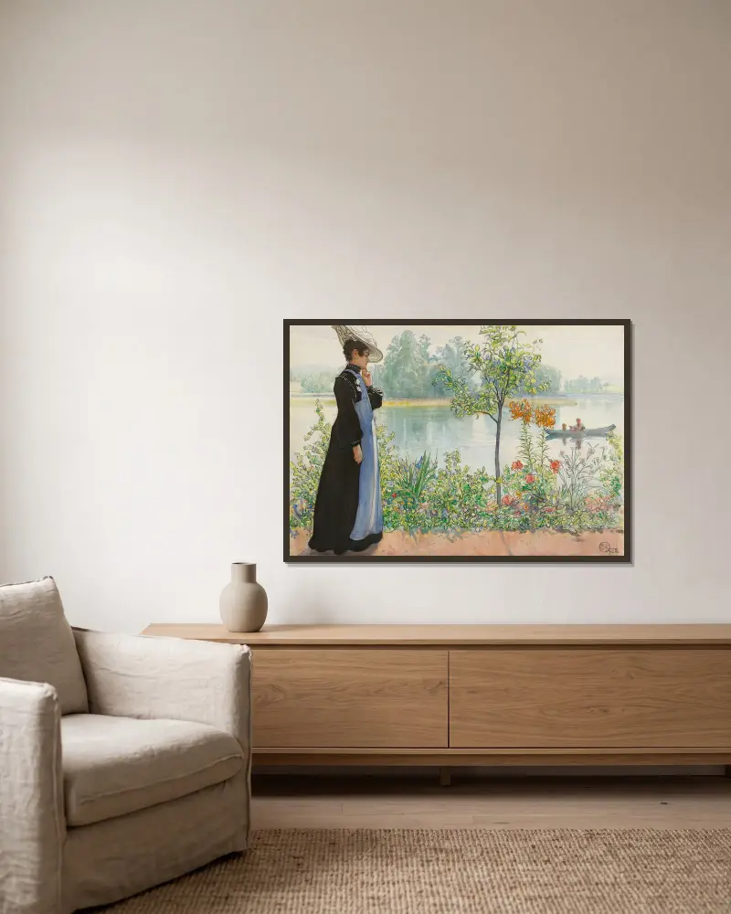 Karin vid stranden av Carl Larsson inramad på en vägg