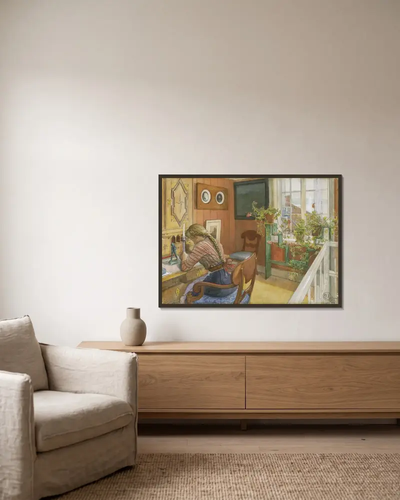 Brevskrivning av Carl Larsson inramad på en vägg