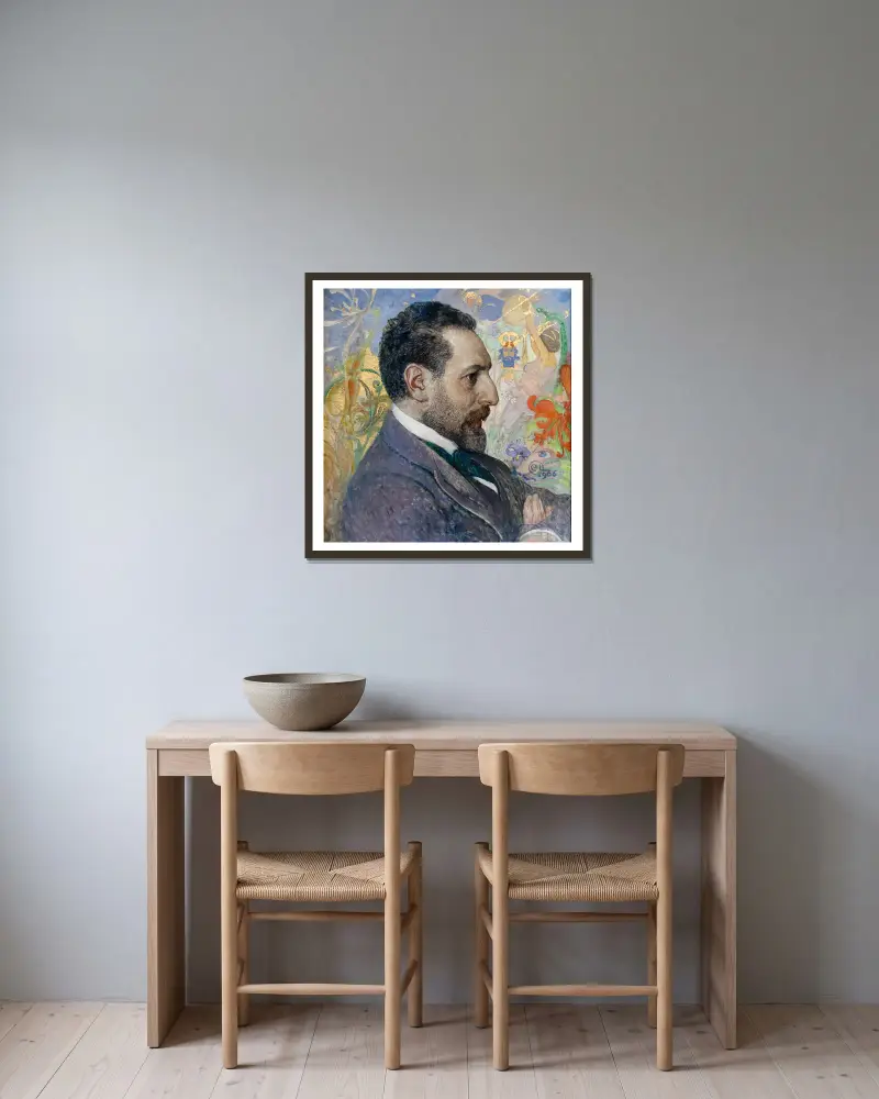 Porträtt av Oscar Levertin av Carl Larsson inramad på en vägg