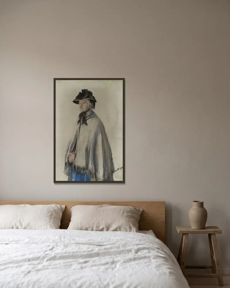 Porträtt av konstnärens mor av Carl Larsson inramad på en vägg