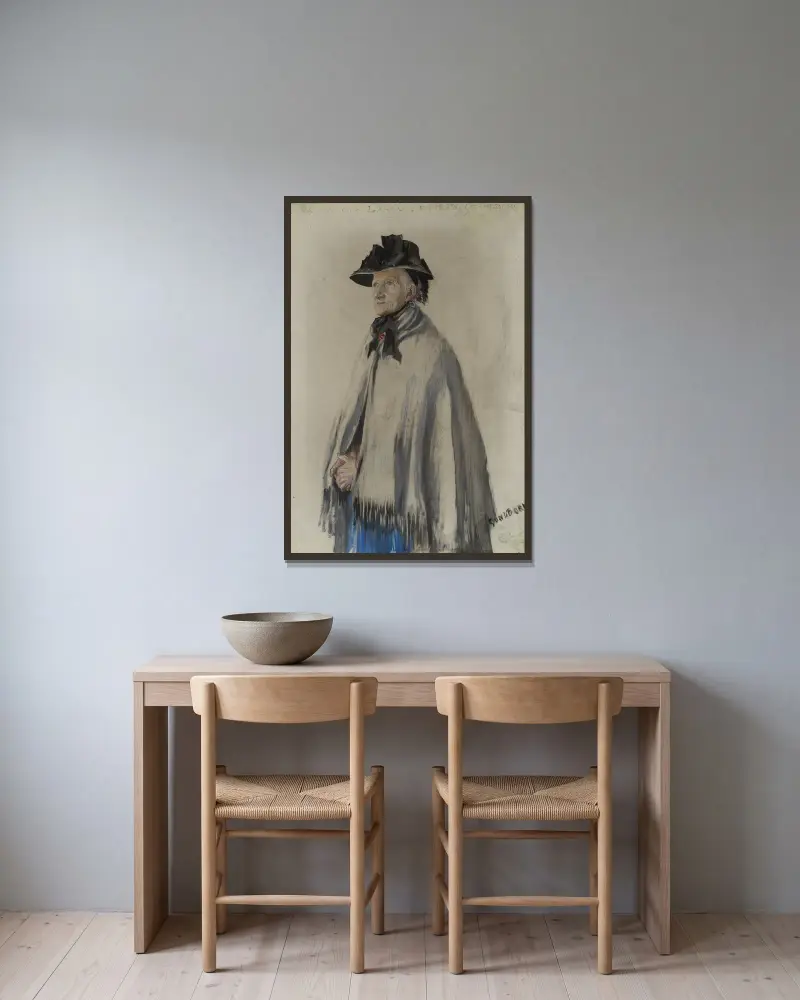 Porträtt av konstnärens mor av Carl Larsson inramad på en vägg