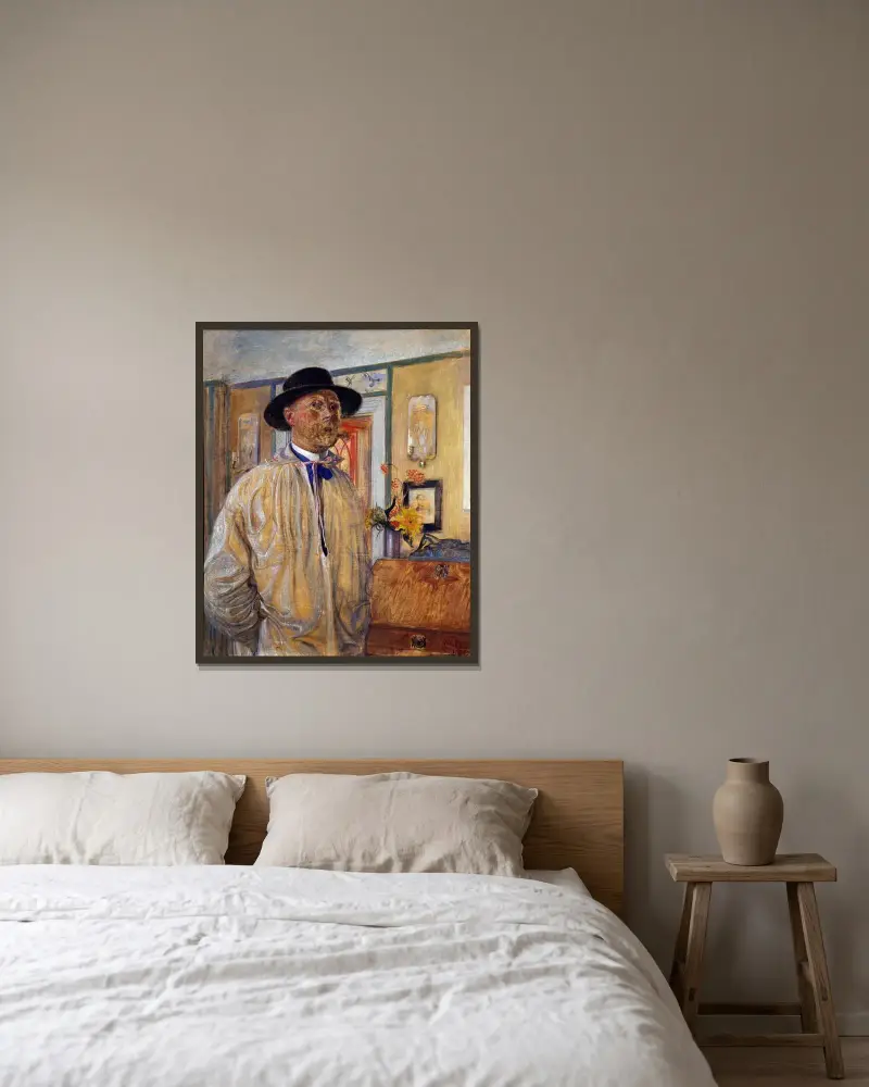 Självporträtt av Carl Larsson inramad på en vägg