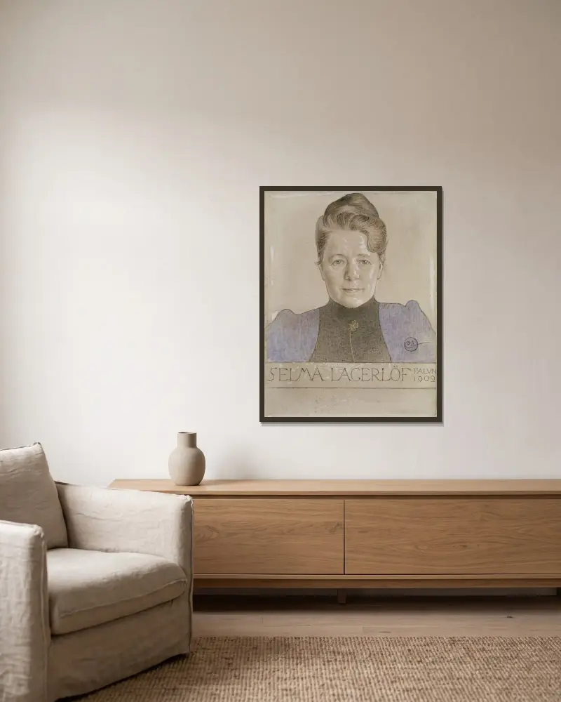 Die Schriftstellerin Selma Lagerlöf von Carl Larsson gerahmt an einer Wand