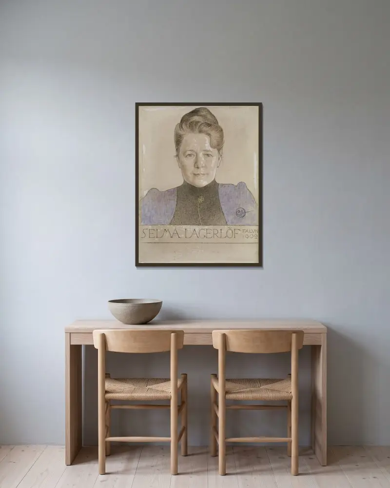 Die Schriftstellerin Selma Lagerlöf von Carl Larsson gerahmt an einer Wand
