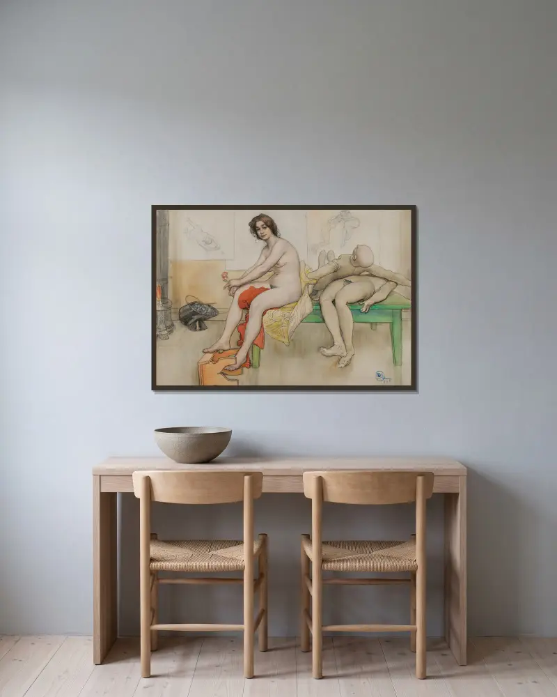Modellen och mannekängerna av Carl Larsson inramad på en vägg
