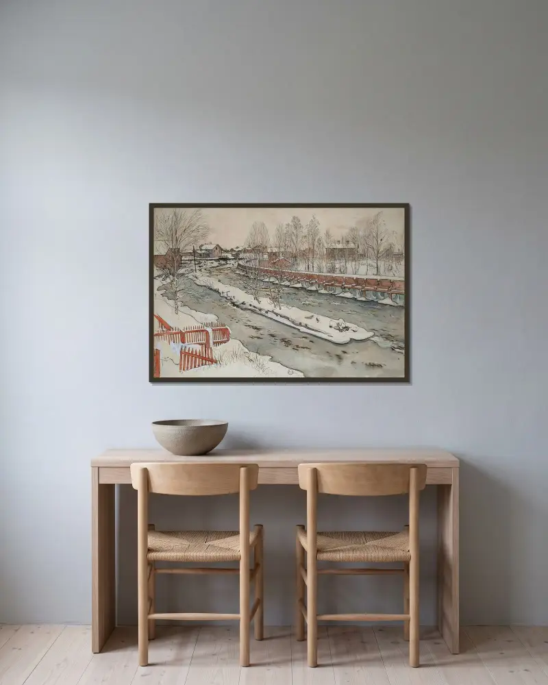 Dřevěná skluzavka. Zimní scéna, Carl Larsson v rámu na stěně