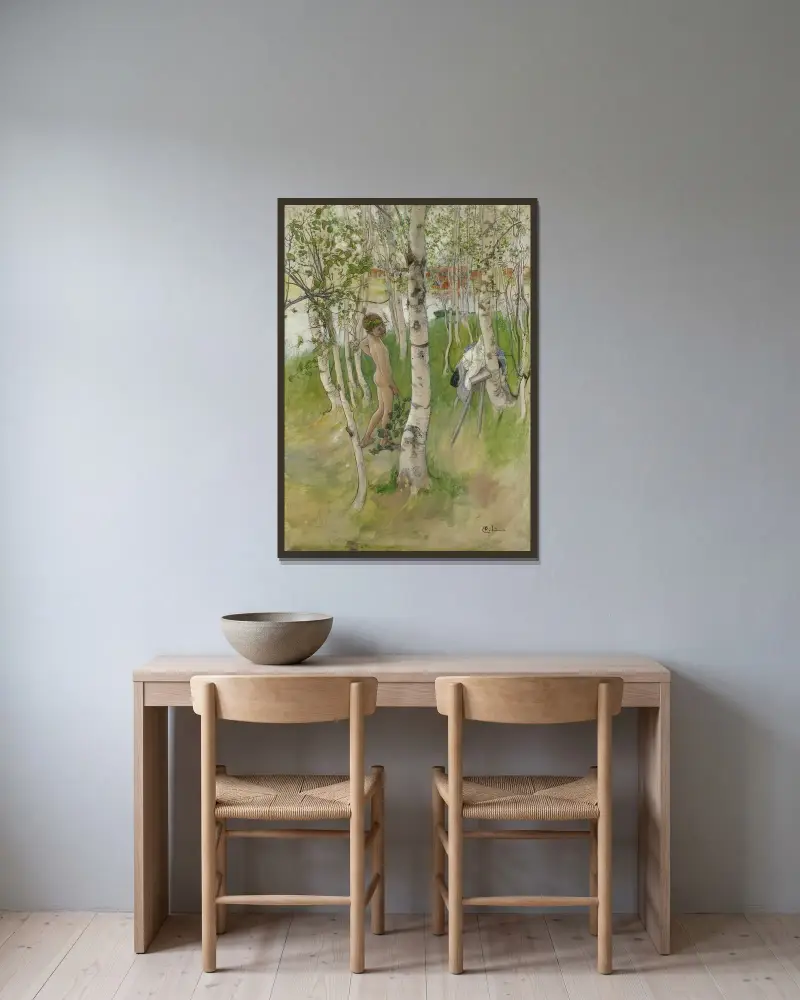 Ulf. Naken pojke bland björkar av Carl Larsson inramad på en vägg