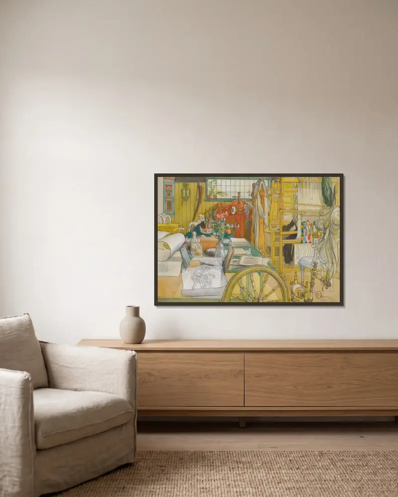 Die Werkstatt von Carl Larsson gerahmt an einer Wand