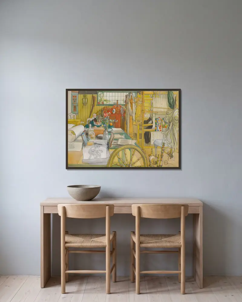 Die Werkstatt von Carl Larsson gerahmt an einer Wand