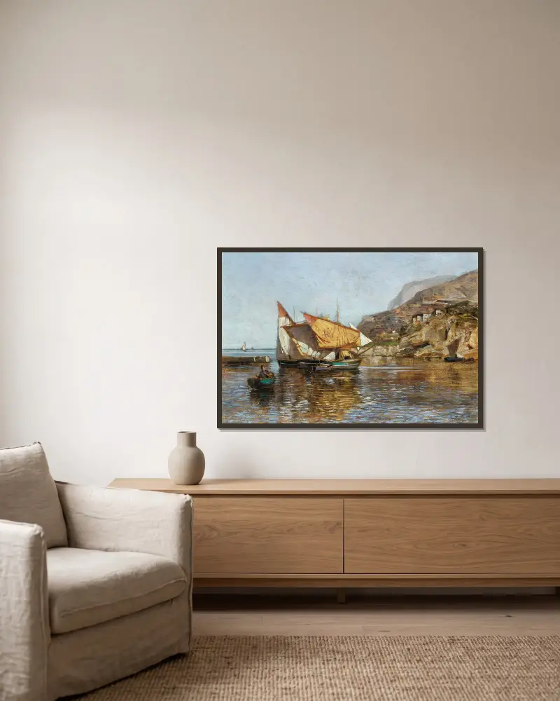 Küstenlandschaft mit Fischerbooten von Carl Moll gerahmt an einer Wand