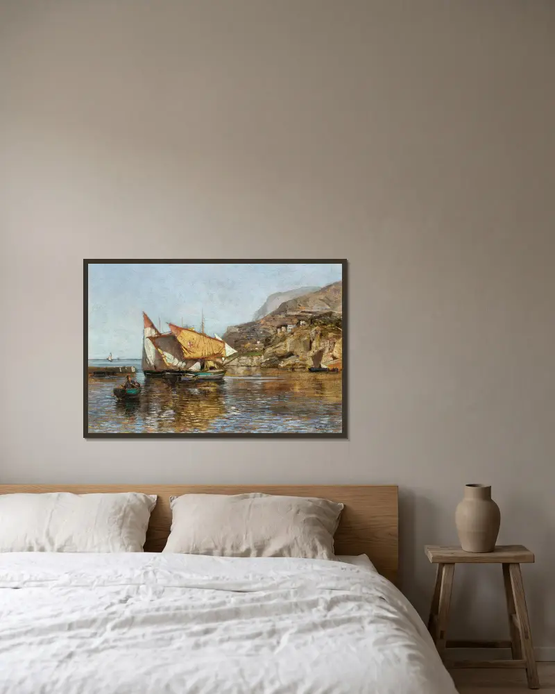 Küstenlandschaft mit Fischerbooten von Carl Moll gerahmt an einer Wand