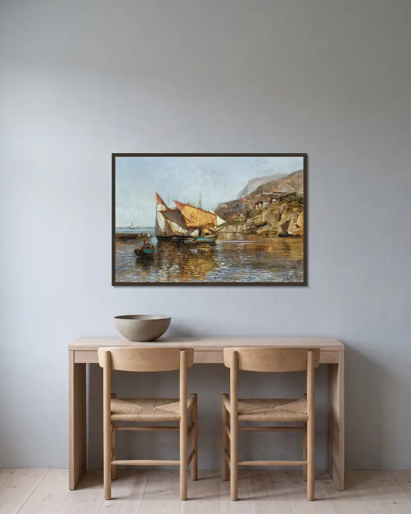 Küstenlandschaft mit Fischerbooten von Carl Moll gerahmt an einer Wand