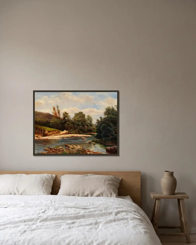 Landschaft mit Bach und Brücke von Carl Moll gerahmt an einer Wand